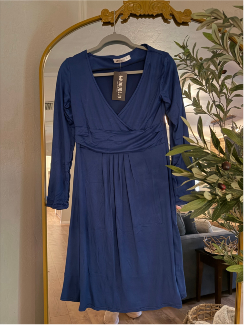 NEW Blue V-Neck Surplice Wrap Flare Midi Dress Shirring M